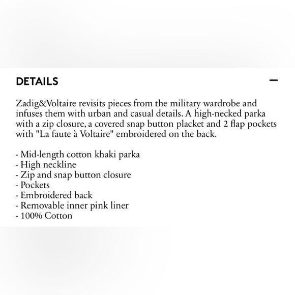 Zadig & Voltaire parka jacket in military green with pink puffer liner. NWT - Picture 10 of 15